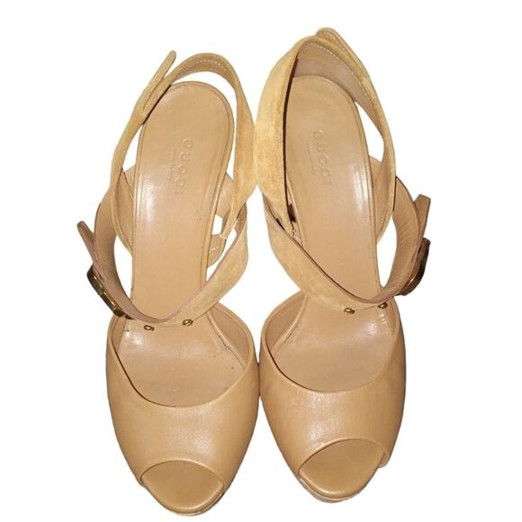 Gucci Brown Leather and Suede Cork Platform Peep Toe Slingback Sandals Size 37.5 - Picture 2 of 5